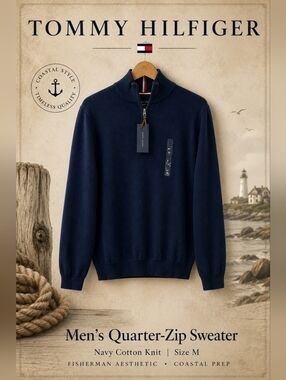 NWT Tommy Hilfiger Navy Quarter Zip Cotton Sweater Mens M Fisherman Coastal Prep